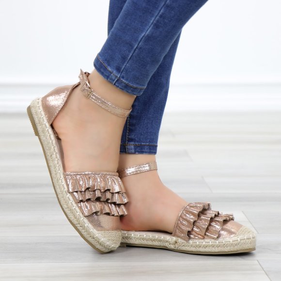 Sparkly Champagne Espadrille Ruffle Sandals - Picture 4 of 11